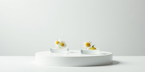 Minimalist display featuring delicate wildflowers in clear glass vessels atop a pristine white circular platform