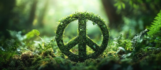 Eco-friendly peace symbol made of moss in a lush forest representing sustainability and harmony with nature with space for text