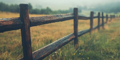 Fototapeta premium Rustic wooden fence in a misty meadow landscape nature tranquil outdoor scene soft focus viewpoint natural beauty concept