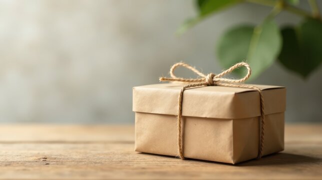A simply wrapped gift box rests on a rustic wooden surface, bathed in soft, natural light, suggesting a moment of thoughtful giving or anticipation
