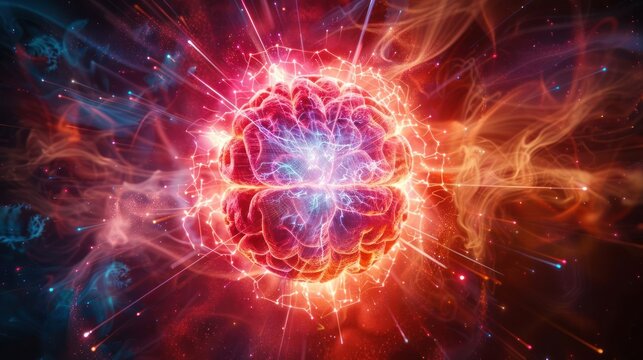 Vibrant depiction of an exploding brain surrounded by colorful energy and cosmic elements