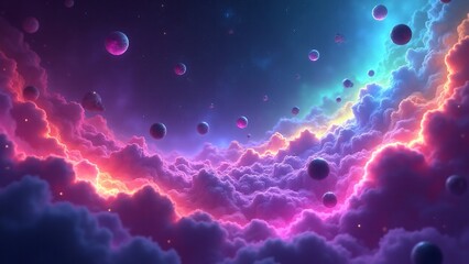 Glowing asteroids in a vibrant neon nebula, creating a mystical and futuristic cosmic scene with bursts of light.