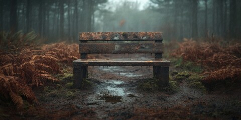 Rustic bench in misty forest nature serene environment tranquil atmosphere ground level viewpoint