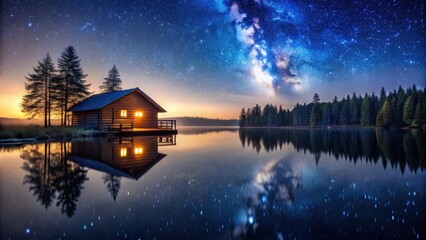 Fototapeta premium Cabin by calm lake with starry night sky reflected on water, evening scene, peaceful, evening scene