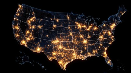 Detailed Map of the United States Illuminated with a Network of Lights