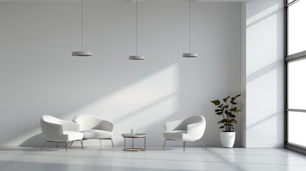 A modern living room with white furniture and pendant lights.