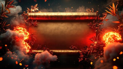 Sleek 3D Chinese-style Scroll with Glowing Gold Accents, Blank Space, and Festive Decorations Including Clouds and Bamboo Leaves in High Resolution