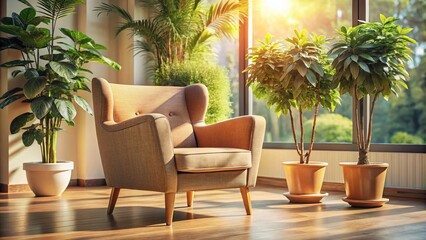 Fototapeta premium Cozy Home Interior: Side View of Armchair and Potted Plants