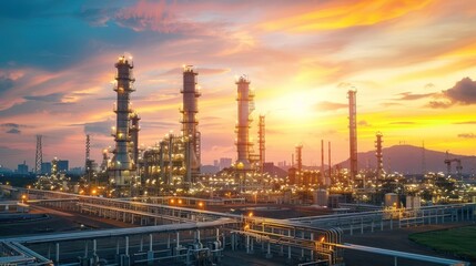 Fototapeta premium Industrial landscape at sunset with towering refineries and pipelines under a colorful sky