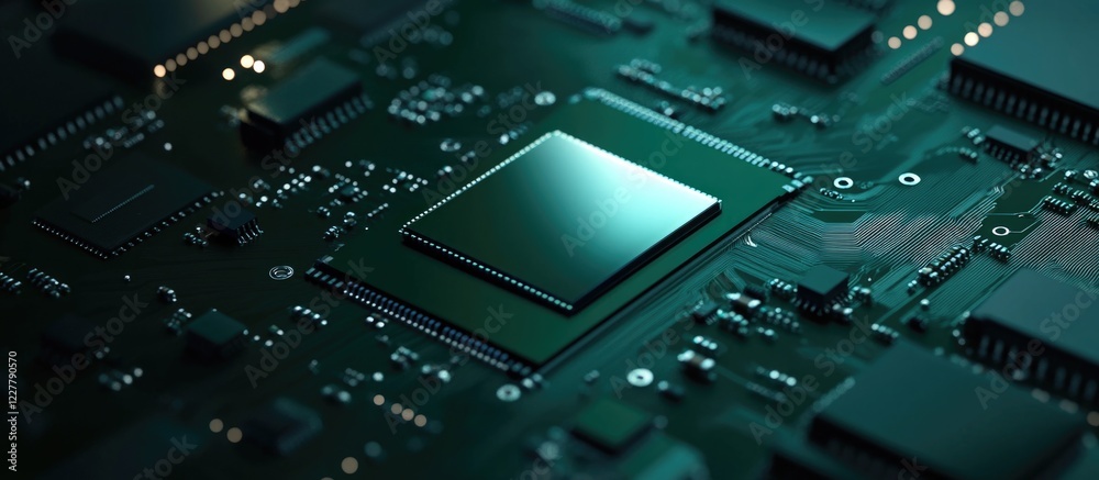 Poster Green Microchip Circuit Macro Shot on Dark Background with Space for Text or Branding in Technology and Electronics Concepts