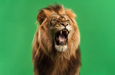 Fototapeta premium Roaring lion on an isolated green background. Concept: wildlife, strength, nature.
