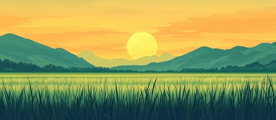 Serene sunset over lush green rice fields with mountains in the background and ample space for text or design elements.