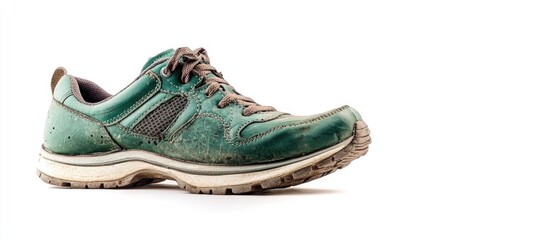 Worn Green Running Shoe Side View Isolated on White Background with Copy Space for Promotional Text or Product Descriptions