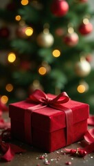 Obraz premium Red velvet-covered gift box on a table near the Christmas tree, tree, holiday