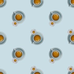 Seamless Pattern Chamomile Tea Small Design on Pastel Blue Background