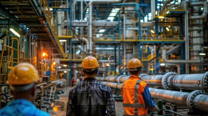 Workers in safety gear surveying industrial facility with complex piping and machinery