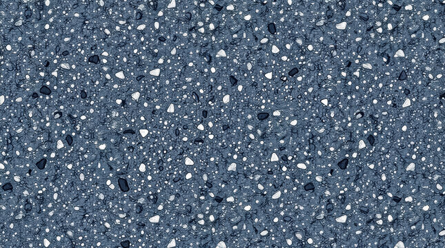 A detailed close-up reveals the intricate texture of a terrazzo surface, composed of small, varied chips embedded in a dark blue binder.