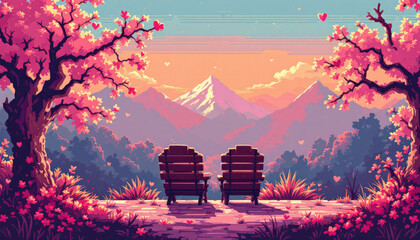 two wooden chairs are positioned on a stone path, facing a breathtaking mountain landscape with a vibrant sunset.