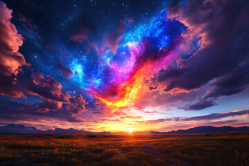 Obraz premium Golden Savanna Under Fiery Nebula Sky, A Vast Landscape with Golden Grass, Fiery Red and Orange Nebula Casting an Ethereal Glow Over the Wild Terrain