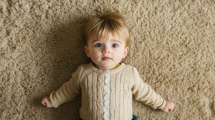Fototapeta premium Adorable baby boy lying on fluffy carpet, looking at camera.