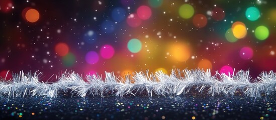 Glittering white tinsel border on a vibrant bokeh background with ample space for festive text or annotations