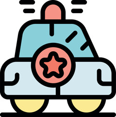 Police car speeding with flashing siren lights, featuring a star badge, representing law enforcement and emergency response