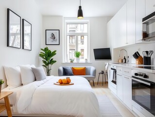 Bright and airy studio with multifunctional furniture, soft textures, and a clutterfree layout