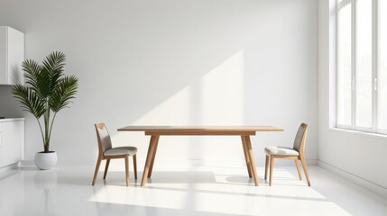 Modern minimalist dining room with wooden table and chairs, bright sunlight streaming through a large window, and a potted plant adding a touch of nature