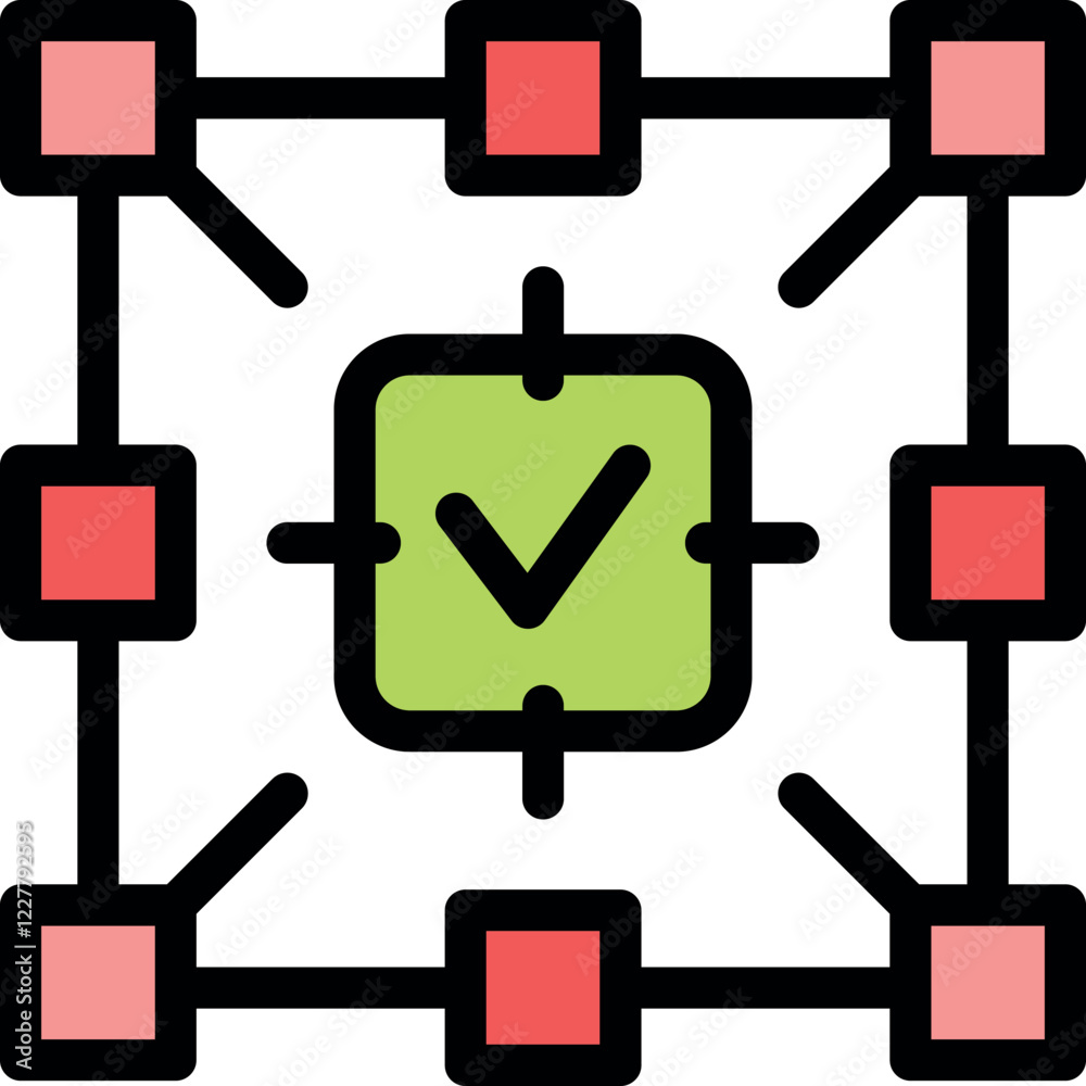 Poster blockchain technology securing and validating transactions, represented by interconnected blocks and