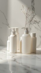 White Cosmetic Bottles on Marble Countertop