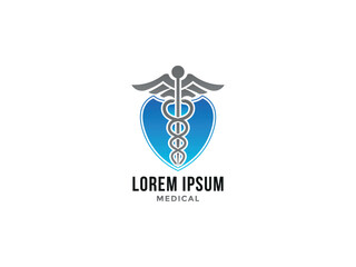 Medical logo with caduceus symbol blue shield and modern typography