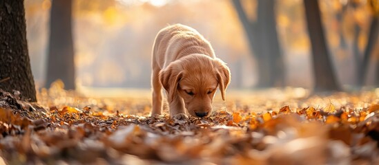 Golden Retriever puppy exploring autumn leaves in a serene park setting with soft sunlight and ample space for text or overlay.