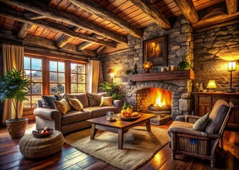 Naklejka premium Cozy Rustic Living Room with Stone Fireplace & Wooden Beams - Stock Photo