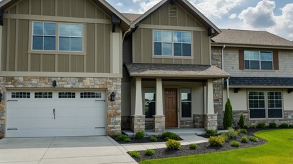Fototapeta premium modern suburban house with a well-maintained front yard on sunny day