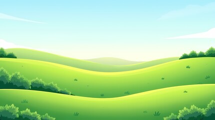 Flat view of charming hills, green grass, bushes, small trees, clear horizon, sunny weather