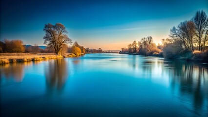 Serene River Landscape Sunrise, Trees, Reflections, Tranquil Waters, Calm Scene