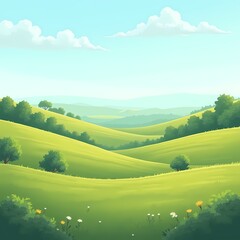 Fototapeta premium Flat view of charming hills, green grass, bushes, small trees, clear horizon, sunny weather