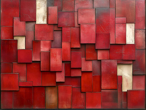 Geometric red patterns create depth and dimension in this artwork