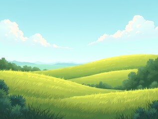 Fototapeta premium Flat view of charming hills, green grass, bushes, small trees, clear horizon, sunny weather