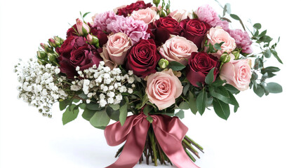 A bouquet of roses, peonies, and baby's breath tied with a satin ribbon.