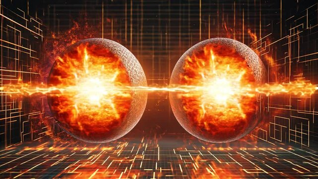 Quantum entanglement between two energetic particles. A visualization of quantum mechanics, superposition, and wave-particle duality.