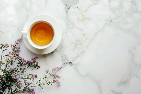 Cup of tea and gypsophila flowersle background