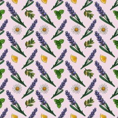 Seamless Pattern Lavender and Lemon Slice with Chamomile and Mint Small Design on Pastel Pink Background
