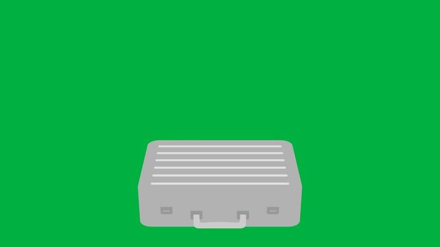 animated empty metallic suitcase open and close. animation footage video isolated on green screen background with alpha channel(transparent).