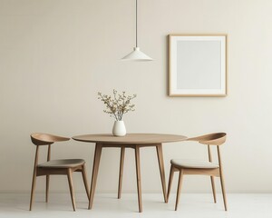 A small dining area with a round table, sleek wooden chairs, and a minimalist centerpiece for understated elegance