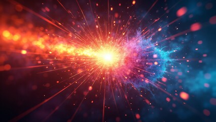 Fototapeta premium Quantum particles colliding in space, releasing colorful explosions and shockwaves of vibrant energy, capturing the chaos of the quantum world.