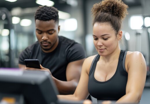 Focused couple training together at gym with one using smartphone for motivation