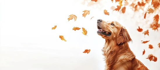 Golden Retriever Enjoying Autumn Leaves with Empty Space for Text and Design Elements