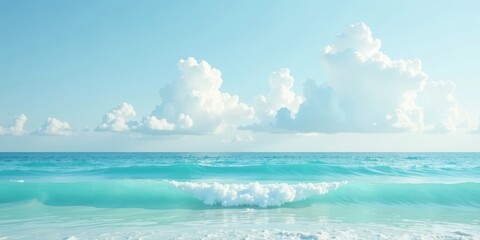 Fototapeta premium Serene Ocean Wave Breaking on a Sunny Shore with Puffy Clouds in a Calm Sky