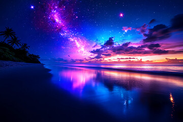 Cosmic Beach at Dusk: A serene beach scene at twilight, where galaxies and nebulae illuminate the sky above and their glow reflects off the tranquil water below